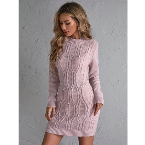 Baby Pink Sweater Short Mini Dress Faux Pearl Embellished Long Sleeve - Picture 3 of 9